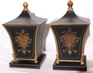 Pair Of Tole Metal Planters Or Cachepots With Flared Shape And Lids With Gold Crest