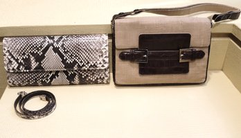 Vintage Fendi Croc And Linen Shoulder Bag And A Snakeskin Clutch.