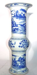 Tall Blue And White Porcelain Floor Vase With Hand-painted Chinese Landscape Scenes Of River And Mountains