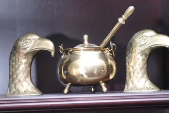 Vintage Brass Eagle Head Book Ends Includes Fine Brass Footed Cauldron Decor