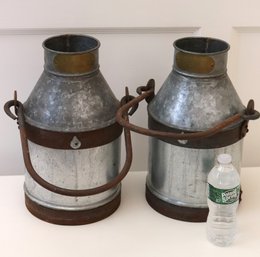 Set Of 2 Rustic Galvanized Metal Milk Cans With Handles, Great For Home Dcor!