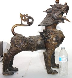 Large Bronze Nepalese Buddhist Temple Lion Standing On All Four Feet With Open Fanged Mouth