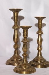 Lot Of 3 Decorative Lacquered Brass Candlesticks With Neoclassical Flower Petal Design.