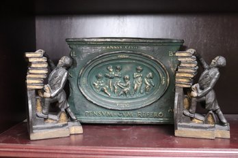 Stacking Books Cast Metal Bookends And A Vintage Metal Embossed Wall Plaque Pensvm- CVM-Refero
