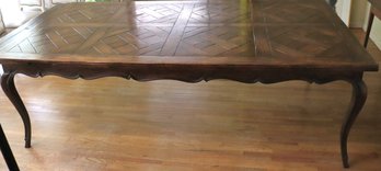 Vintage 1950s Solid Dark Oak Wood Finish Country French Parquet Style Dining Table With A Carved Apron And