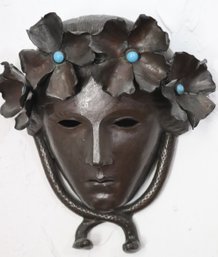 Victorian Mask Made From Copper With A Bronze Finish, Floral Crown With Blue Inserts & Serpent Accents Signed