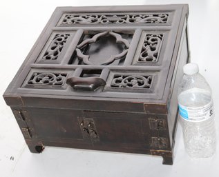 Unique Chinese Carved Wooden Box With Metal Hinges & 3 Drawers