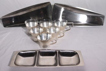 Set Of Stylish 60s Style Espresso Cups, Including Gense Stainless Steel Trays From Sweden