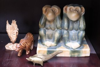 See No Evil Monkey Majolica Dcor And Jim S Bell Carved Miniature, Carved Wood Cat, Brass Spoon With Elephant