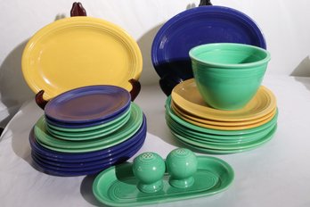 Collection Of Assorted Vintage Fiesta Ware, Including Assorted Plates, Platters, Bowl And Shakers