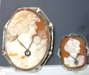 Two Bewitching Antique Cameos With Small Diamonds & Filigree