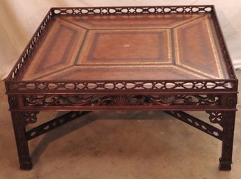 Vintage Maitland Smith Chinese Chippendale Square Coffee Table With Tooled Leather Inset