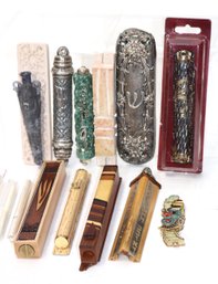 Huge Lot Of Mezuzahs And Mezuzah Scrolls With Sterling, Marble & Carved Wood Examples