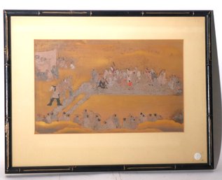 Antique Asian Painting On Gold Background With Monks And Warriors N Faux Bamboo Frame