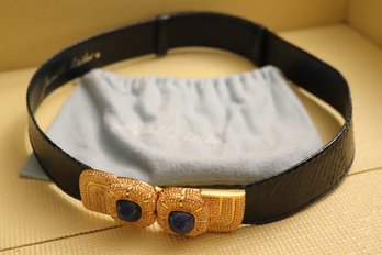 Vintage Judith Leiber Signed Navy Snakeskin Belt With Double Gilt Closure, And  Lapis Like Stone