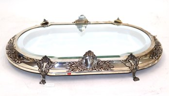 Gorgeous Beveled Mirror Vanity Tray With Sterling Silver Footed Frame By Topazio, Portugal