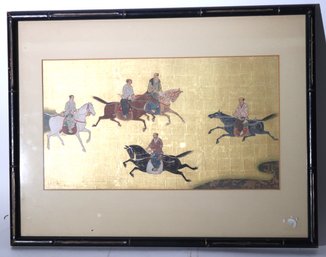 Antique Asian Painting On Gold Leaf Of Riders On Horseback In Faux Bamboo Frame