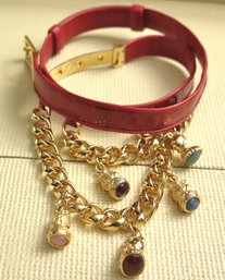 Vintage Judith Leiber Signed Red Leather Belt With Chunky Dangling Gold Charms.