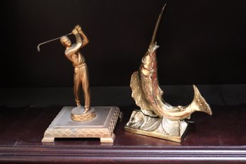 Brass Marlin Sculpture And Cast Metal Golf Sculpture By Dodge Inc 1986 Painted Gold
