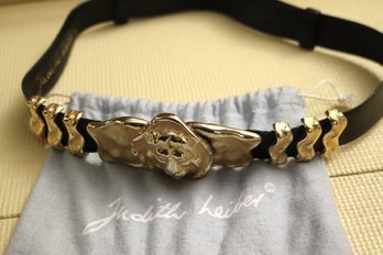 Vintage Judith Leiber Signed Black Belt With Gold Lions Head Buckle