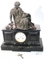Onyx & Marble Mantle Clock With Classical Bronze Figure Of Young Male Scholar With Book