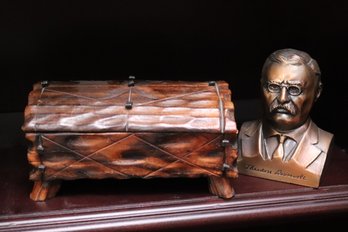 Theodore Roosevelt Coin Bank Banthrico INC Chicago USA And Carved Wood Box
