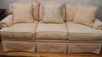 Quality Custom Made Pennsylvania House 3 Seat Skirted Sofa In Neutral Light Gold Tone -Damask Floral Pattern