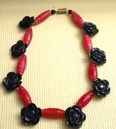 Funky MCM Red Glass Bead Necklace With Black Glass Roses.