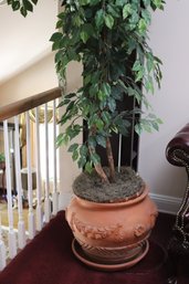Large Clay/terra Cotta Planter With Embossed Floral Design, Includes Tray Stands Approximately 6.5 Feet Tall