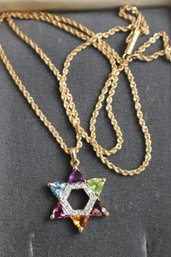 14K YG 18.5 Inch Rope Necklace W/ Star Of David Pendant And Diamond, Amethyst, Blue Topaz, Peridot, Citrine