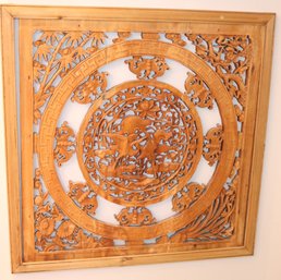 Chinese Carved Wood Wall Panel Featuring Cranes, On Water Lilies And Auspicious Bats