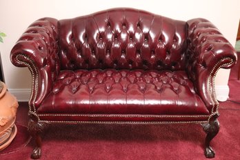 Vintage Tufted Rolled Arm Chesterfield Leather Love Seat W Carved Wood Claw Feet And Nail Head Accents