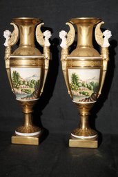 Pair Of Paris Porcelain Empire Style Gilded Urns With Bisque Caryatids By Chelsea House
