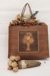 Vintage Decor Includes A Woven Wicker Bag With Inlaid Floral Wooden Accents & Decorative Wall Pocket
