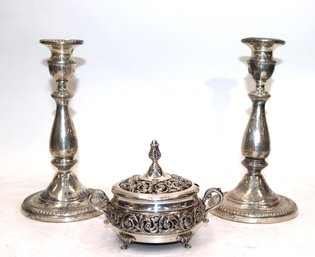 Sterling Silver Candy Dish & Lid By Grand Portugal & Pair Of Classical Style Wt'd Sterling Silver Candlestick
