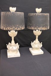 Pair Of Rustic Finished Table Lamps Made From Tin With Floral Design And A Metal Shade