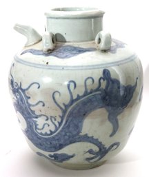 Ming Dynasty Style Hand Painted Porcelain Jug With Painted Blue Dragon, Spout & Handles