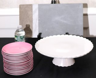 16 Piece Crate And Barrel Pink Dessert Plate Set And Large Pedestal Cake Stand, Tarhong Dishwasher Safe Tray
