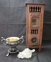 Carved Wood Cabinet Decor, Grape Cluster Glass Bottle Made In France And  Pedestal Bowl