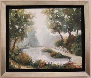 Signed Landscape Painting Of A Lake In The Forest By Artist P.J Chaimbi