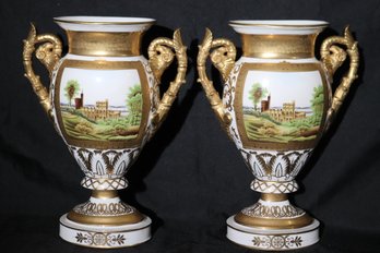 Pair Of Paris Porcelain Style Urns With Hand Painted Castle And Gold Rams Head Handles, Chelsea House.
