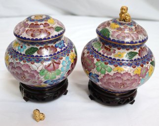 Pair Of Cloisonne Covered Jars On Black Wood Bases.