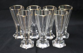Set Of 7 Vintage Moser Crystal Aperitif Glasses With Gold Painted Rim