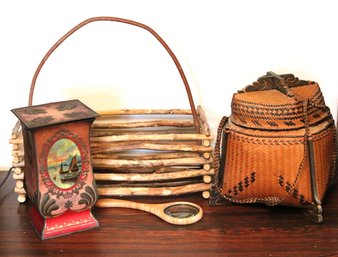 Antique Tin Box Hand Woven And Hand Stitched Basket With Lid, Rustic Handmade Twig Basket And More.