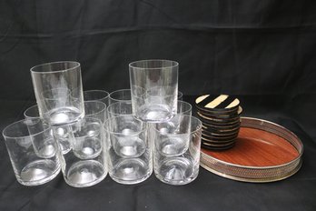 Set Of 14 Quality Rocks Glasses From Stuart England Includes Coaster Set And Serving Tray