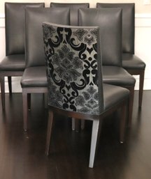 Set Of 6 Modern Custom Leather Dining Chairs With Custom Damask Style Pattern On The Back Of Chairs, Dark Slat