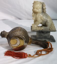 Vintage Carved Stone Foo Dog And Traditional Japanese Uchide, Lucky Metal Mallet.