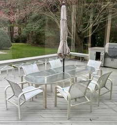 Brown Jordan Oval Outdoor Dining Table With Glass Top, 6 Armchairs And  Umbrella Stand.