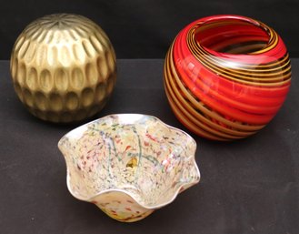 Includes A Red Swirl Bowl Vase, Ruffled Bowl And Decorative Brass Toned Accent Piece