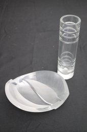Lalique France Frosted Crystal Ashtray/dish And Tiffany And Co Bamboo Glass/crystal Bud Vase